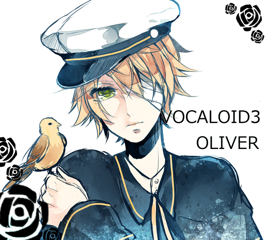 bad_id bad_pixiv_id bandage_over_one_eye bandages bird blonde_hair comaco green_eyes hat highres james_(vocaloid) male_focus oliver_(vocaloid) one_eye_covered sailor_hat solo vocaloid