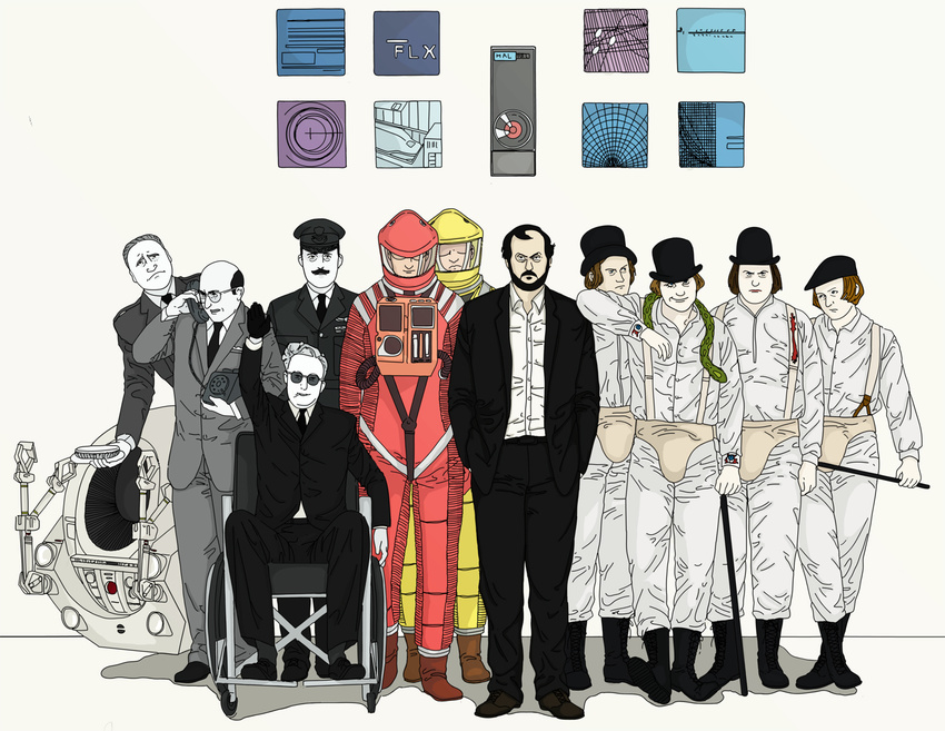6+boys 60s 70s a_clockwork_orange actor_connection alex_delarge astronaut bad_id bad_pixiv_id bags_under_eyes bald beard boots butaneko_(butaneko_hanten) cake cane character_request computer corded_phone dave_bowman dim_(droog) dr._strangelove dr._strangelove_(character) droogs epic facial_hair food formal frank_poole gang general_turgidson georgie_(droog) glasses gloves hal_9000 hat helmet lionel_mandrake looking_at_viewer military military_uniform monitor monochrome multiple_boys mustache necktie oldschool pete_(droog) peter_sellers phone pie president_muffley realistic rotary_phone salute science_fiction serious snake space_craft space_pod spacesuit stanley_kubrick suit uniform wheelchair