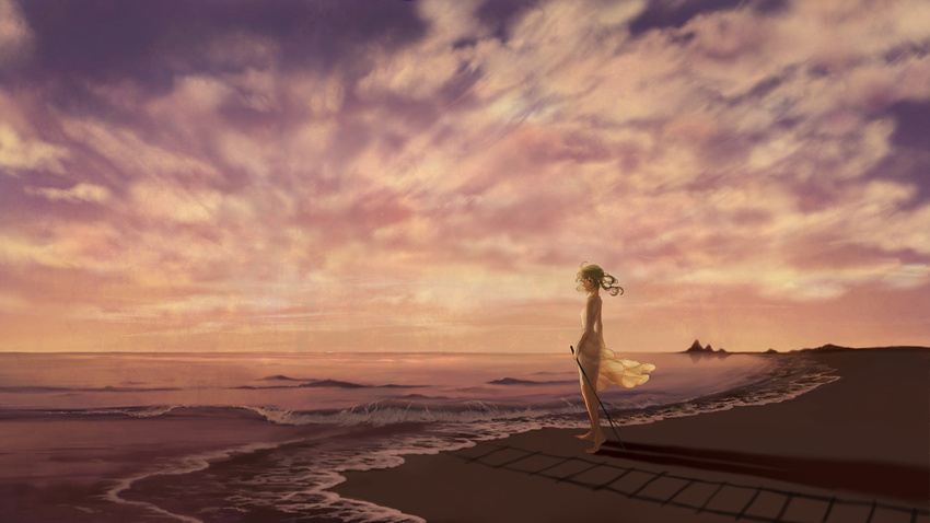 bad_id bad_pixiv_id barefoot beach blue_sky cloud dress gou_(tomero) green_eyes gumi highres looking_back ocean railroad_tracks see-through sky solo stick sunset vocaloid waves yellow_dress