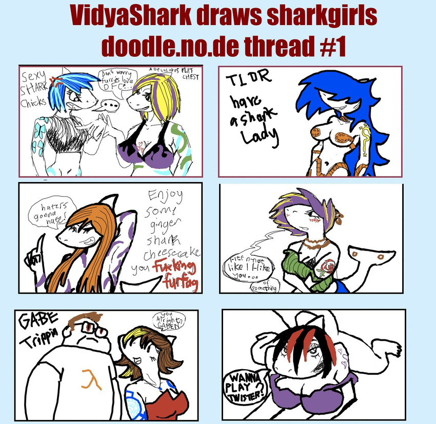 breasts compilation doodle_or_die drawn duo english_text female fin fish gabe_newell hair marine multiple_scenes piercing shark solo text tsundere vidyashark