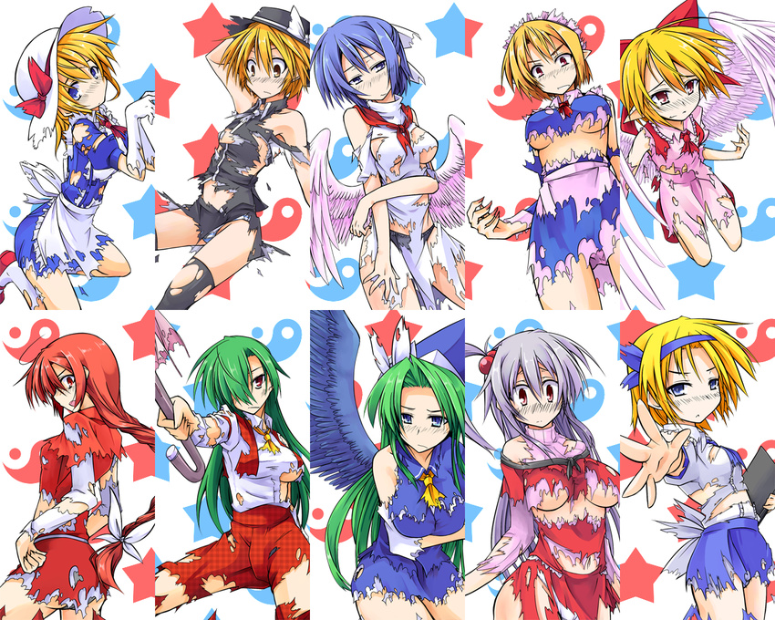 alice_margatroid alice_margatroid_(pc-98) ascot bare_shoulders black_legwear blonde_hair blue_hair blush book bow breasts breasts_apart capelet elbow_gloves embarrassed fang gengetsu gloves green_hair hair_bobbles hair_bow hair_ornament hat hemogurobin_a1c kana_anaberal kazami_yuuka kazami_yuuka_(pc-98) large_breasts lavender_hair long_hair mai_(touhou) maid_headdress mima mugetsu multiple_girls okazaki_yumemi pantyhose pointy_ears red_bow red_hair shinki short_hair thighhighs torn_clothes touhou touhou_(pc-98) umbrella underboob white_legwear wings wizard_hat yuki_(touhou)