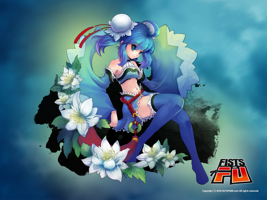 artist_request blue_eyes blue_footwear blue_hair blue_legwear blue_sleeves boots bun_cover character_request copyright_name detached_sleeves double_bun dress fists_of_fu flower full_body highres logo midriff navel short_hair sidelocks sitting smile solo thigh_boots thighhighs twintails wallpaper zettai_ryouiki