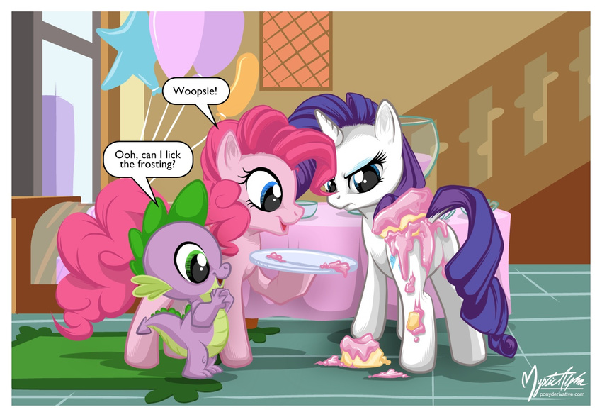 balloons butt cake cutie_mark dialog dialogue dragon equine female feral food friendship_is_magic frosting green_eyes group hair horn horse long_hair male mammal my_little_pony mysticalpha pink_body pink_hair pinkie_pie_(mlp) pony punch purple_body purple_hair rarity_(mlp) rug scalie short_hair spike_(mlp) spines suggestive_balloons text unicorn white_body