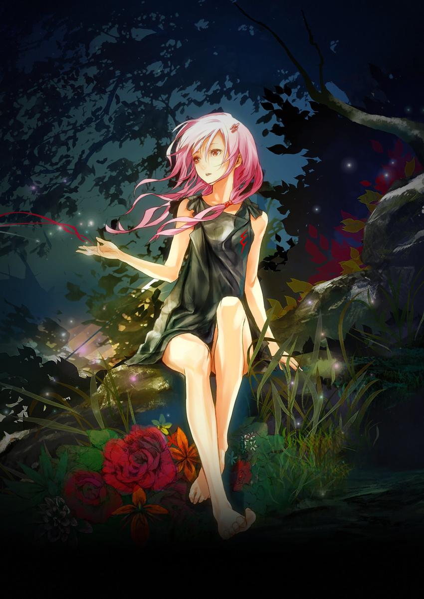 bare_shoulders barefoot feet flower forest guilty_crown hair_ornament hairclip highres long_hair long_legs nature pink_hair red_eyes red_flower red_rose redjuice rose sitting solo toes yuzuriha_inori