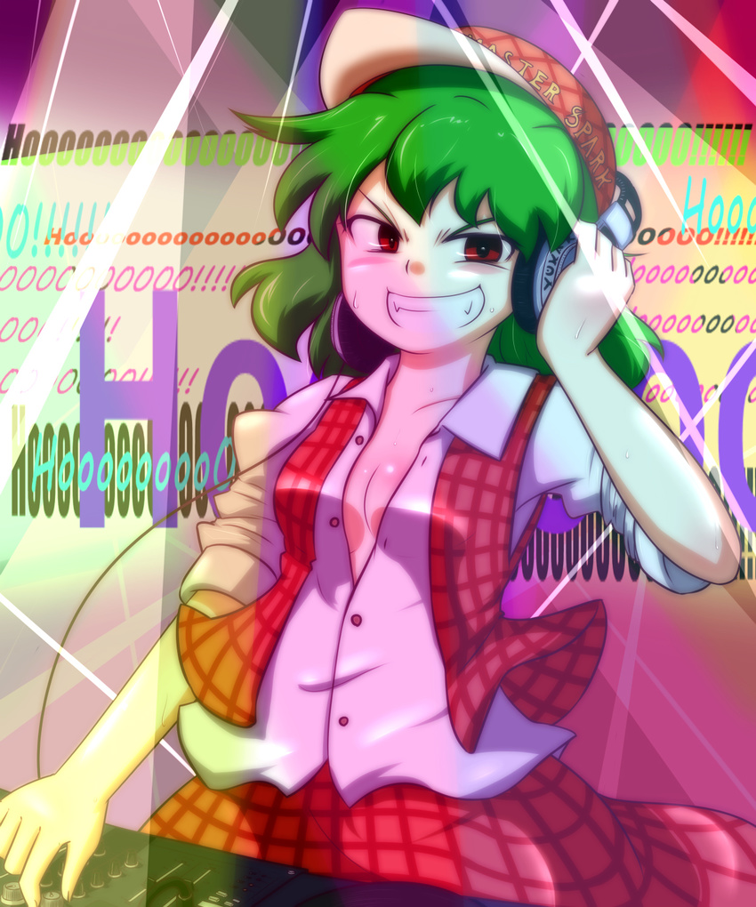 baseball_cap breasts cleavage dj dress green_hair grin hat headphones highres kazami_yuuka konokiya open_clothes open_shirt phonograph plaid plaid_skirt plaid_vest red_eyes shirt skirt skirt_set sleeves_pushed_up small_breasts smile solo sweat touhou turntable unbuttoned vest