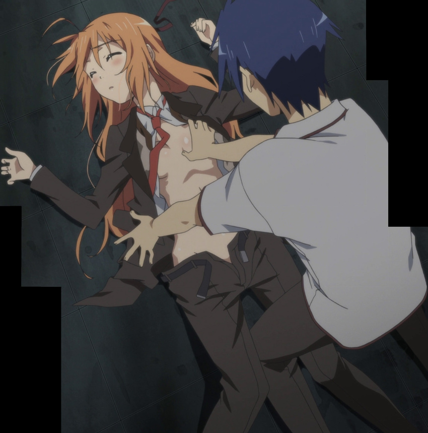 breast_grab breasts eyes_closed grabbing highres konoe_subaru laying_down lying mayo_chiki! orange_hair reverse_trap screencap