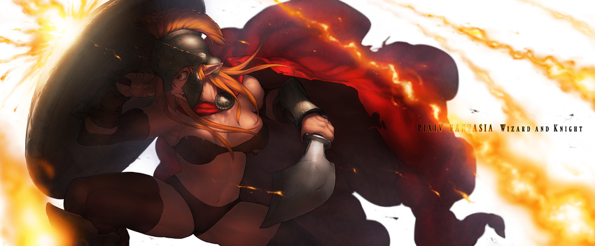 300 aspis azusa_(hws) blocking breasts cape fire helm helmet highres hoplite medium_breasts muscle open_mouth orange_hair pixiv_fantasia pixiv_fantasia_wizard_and_knight pointy_ears realistic shield solo sword thighhighs weapon xiphos_(sword)