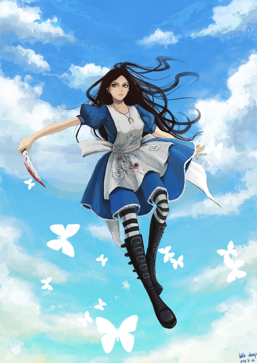 2011 absurdres alice:_madness_returns alice_(wonderland) alice_in_wonderland blood boots brown_hair cloud dated day dress green_eyes highres jupiter_symbol knee_boots knife long_hair omega_symbol pantyhose smile solo striped striped_legwear uranus_symbol zhenzi0111