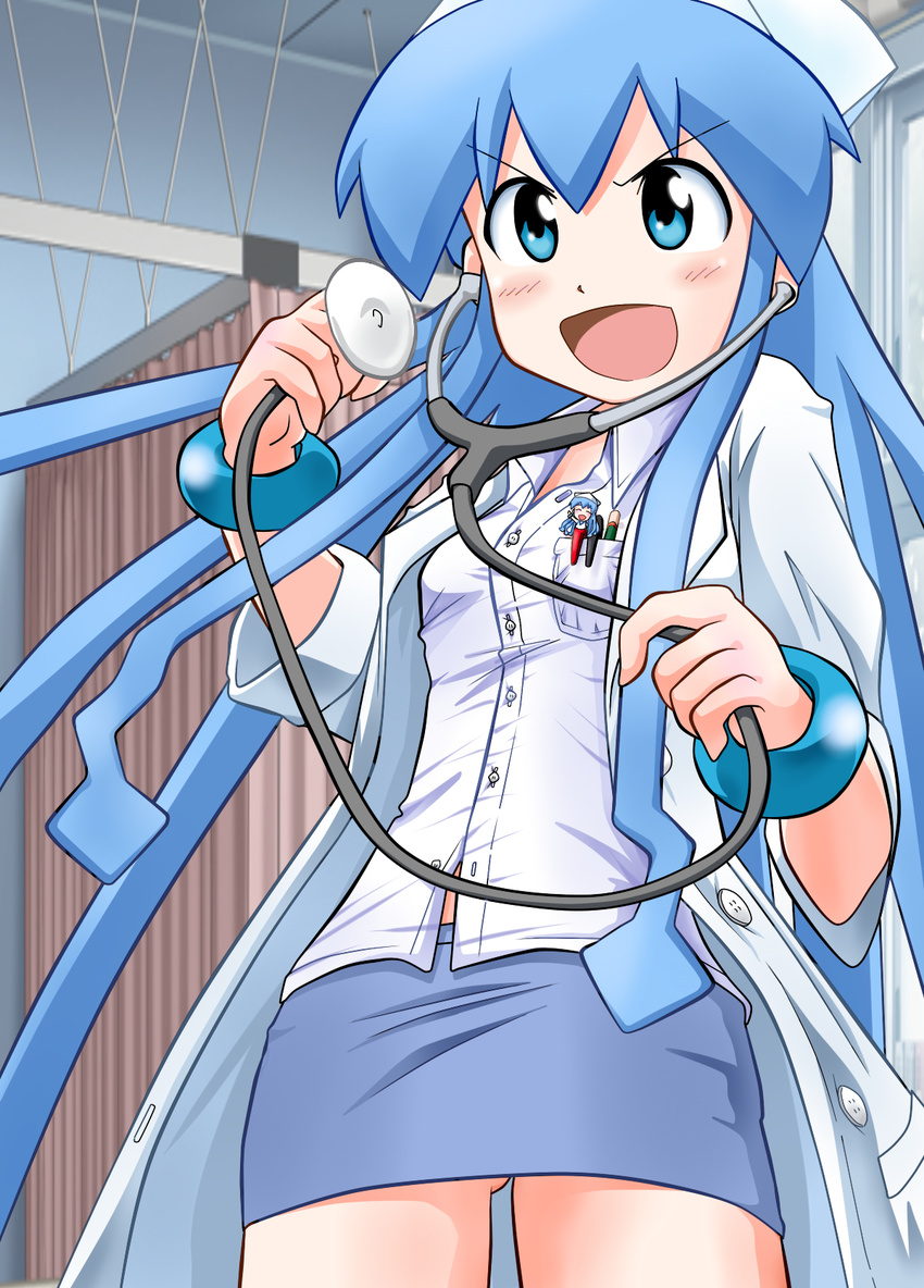 blue_eyes blue_hair doctor hat highres ikamusume labcoat long_hair mini-ikamusume multiple_girls pencil_skirt rokushaku_neko shinryaku!_ikamusume skirt stethoscope tentacle_hair when_you_see_it