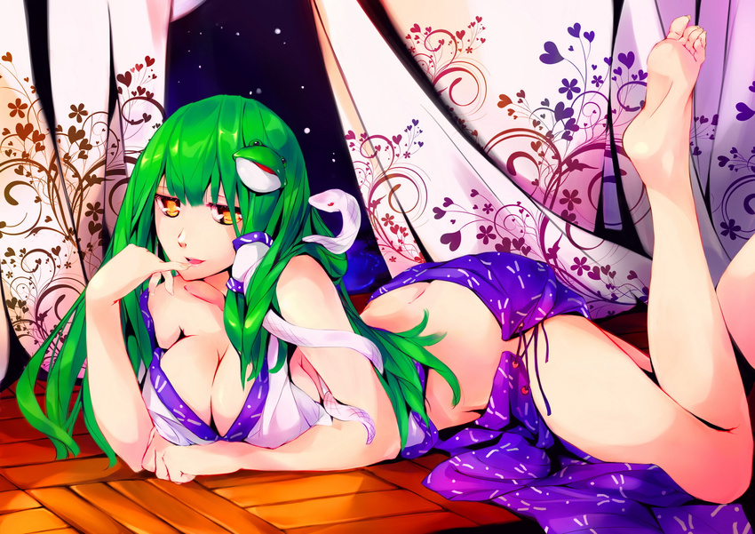 ass bare_legs bare_shoulders barefoot breasts brown_eyes bug butt_crack butterfly cleavage feet green_hair hair_ornament highres insect kalalasan kochiya_sanae large_breasts lips long_hair long_toenails looking_at_viewer lying naughty_face no_bra no_panties on_stomach skirt sleeveless snake soles solo the_pose toenails toes touhou
