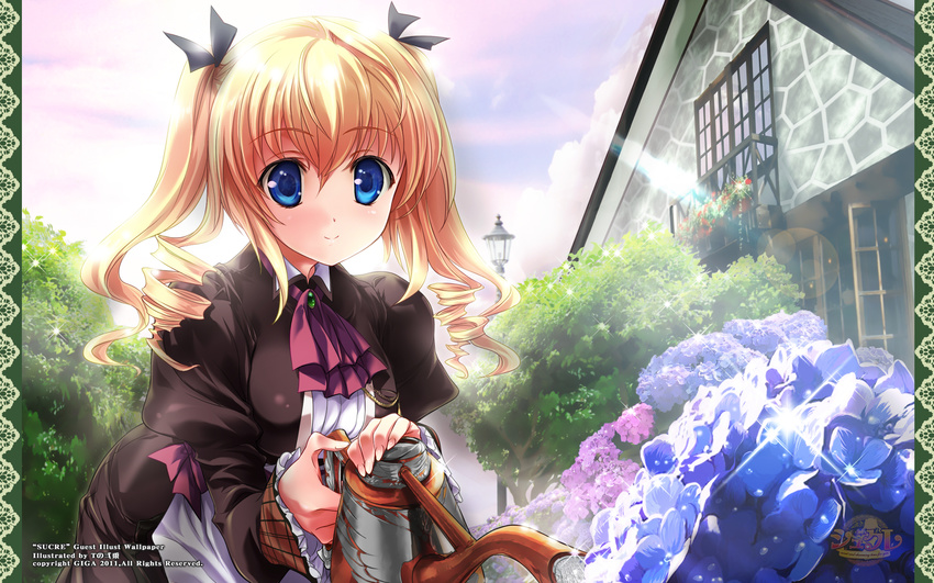 amakawa_chizuru blonde_hair blue_eyes brooch building cravat drill_hair flower highres hydrangea jewelry lamppost lens_flare light_rays long_hair long_sleeves sky smile solo sparkle sucre sunbeam sunlight tnonizyou tree twin_drills twintails wallpaper watering watering_can