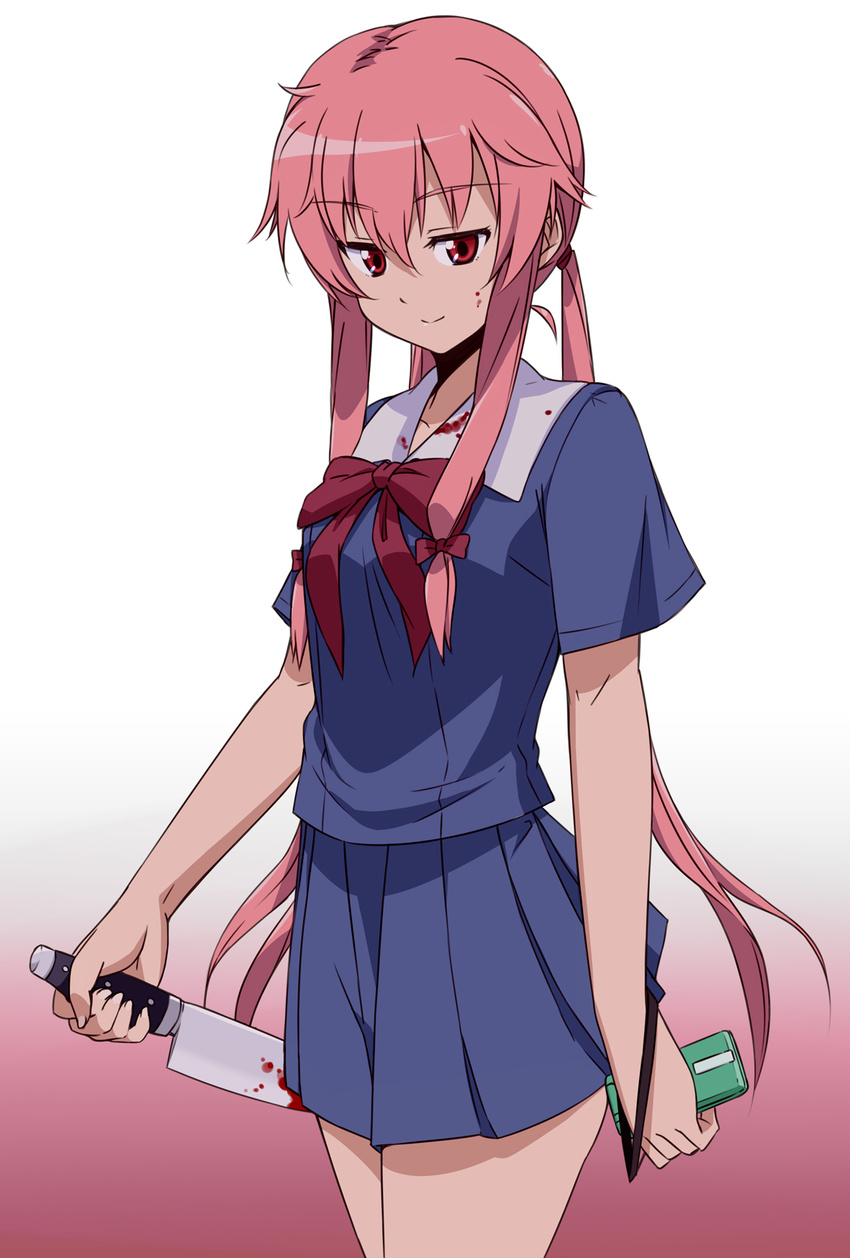 bad_id bad_pixiv_id blood cellphone gasai_yuno highres knife long_hair looking_at_viewer mirai_nikki mousou_(mousou_temporary) phone pink_hair red_eyes school_uniform skirt smile solo