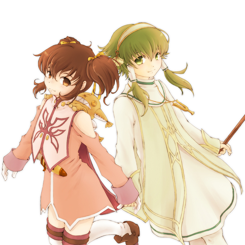 1girl anise_tatlin bad_id bad_pixiv_id brown_eyes brown_hair doll gloves green_eyes green_hair hair_tubes hairband highres holding_hands ion kururi_(oekaki_nikki) short_hair short_hair_with_long_locks sidelocks skirt smile tales_of_(series) tales_of_the_abyss tokunaga twintails