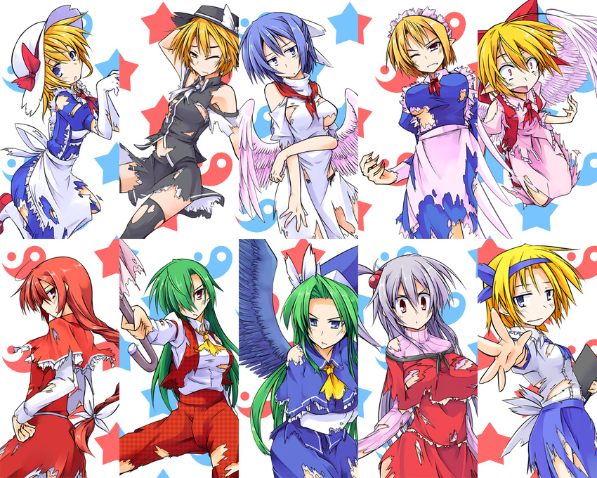 alice_margatroid alice_margatroid_(pc-98) ascot bare_shoulders black_legwear blonde_hair blue_hair blush book bow breasts capelet elbow_gloves fang gengetsu gloves green_hair hair_bobbles hair_bow hair_ornament hat hemogurobin_a1c kana_anaberal kazami_yuuka kazami_yuuka_(pc-98) large_breasts lavender_hair long_hair mai_(touhou) maid_headdress mima mugetsu multiple_girls okazaki_yumemi pantyhose pointy_ears red_bow red_hair shinki short_hair thighhighs torn_clothes touhou touhou_(pc-98) umbrella white_legwear wings wizard_hat yuki_(touhou)