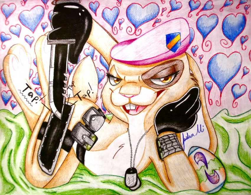 &hearts; beret buckteeth clothed clothing female hat hop_(movie) inviting k-bar_combat_knife knife lagomorph looking_at_viewer mammal pink_berets playful rabbit skimpy smile solo twintailsinc