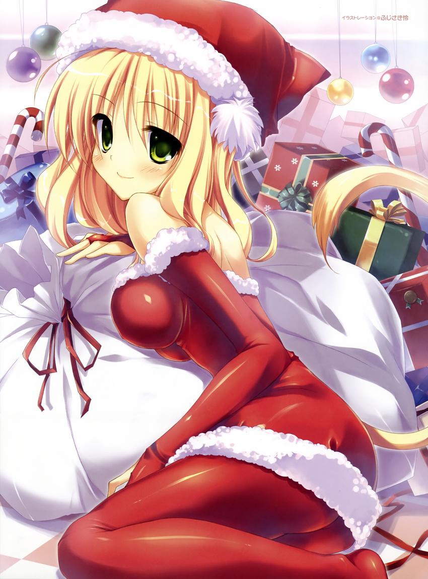 absurdres bare_shoulders blonde_hair blush bridal_gauntlets candy candy_cane christmas dress food fujisaki_rei gift green_eyes hat highres long_hair original pantyhose reclining red_legwear sack santa_costume santa_hat short_dress smile solo tail