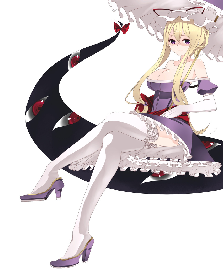 absurdres bare_shoulders blonde_hair bow breasts cleavage crossed_legs dress elbow_gloves eyes gap gloves hat high_heels highres lace lace-trimmed_thighhighs large_breasts legs light_smile long_hair long_legs off_shoulder purple_eyes shinoi shoes sidelocks sitting solo thighhighs thighs touhou umbrella white_gloves white_legwear yakumo_yukari