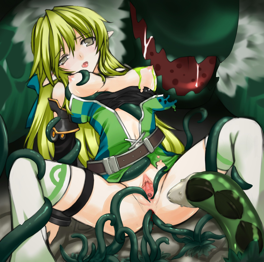 1girl anal anal_object_insertion blonde_hair blood blush breasts clitoris elsword female highres kuro_(kuronell) monster object_insertion open_mouth pussy rape rena rena_(elsword) saliva shirt_pull spread_legs spread_pussy tentacle tongue uncensored urethra