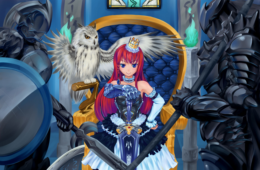 absurdres armor bare_shoulders bird black_armor blue_eyes braid breastplate chair choker detached_sleeves dress fire flame full_armor gauntlets gloves green_fire hand_on_hip highres knight long_hair nora_(nora7) original owl polearm red_hair shield single_braid sitting smile solo spear sword throne weapon