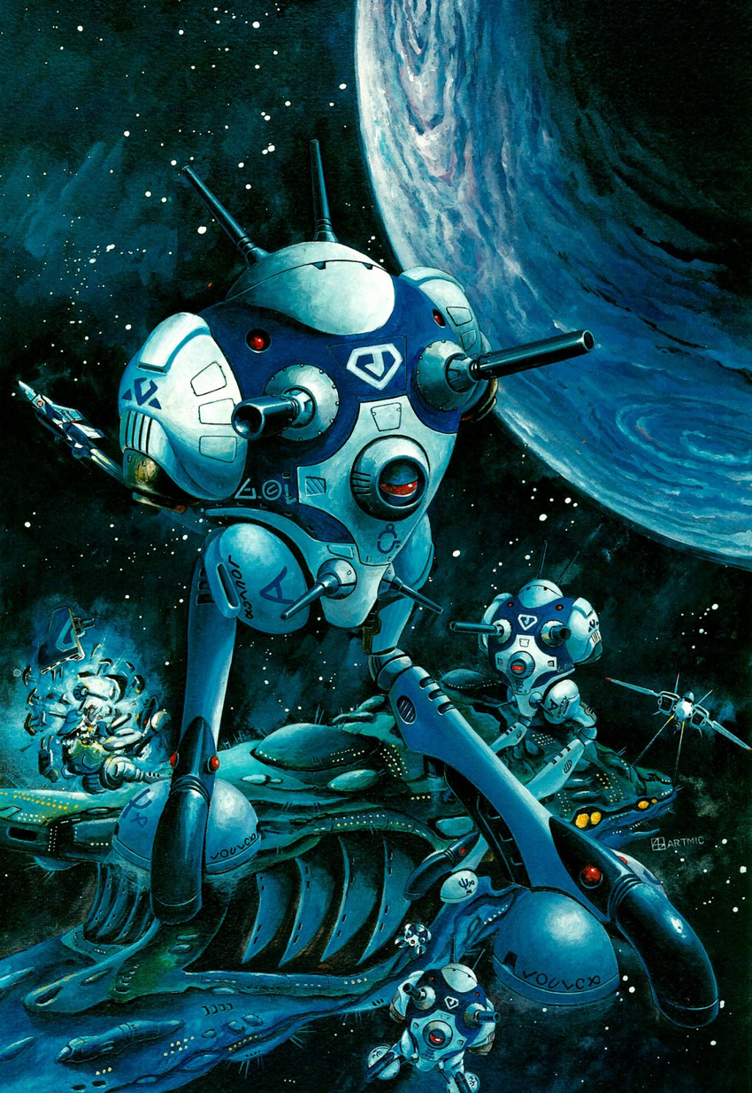 alien antennae battle cannon choujikuu_yousai_macross esbeliben explosion fleet flying highres macross mecha no_humans non-web_source nupetiet-vergnitzs official_art oldschool planet production_art realistic regult scan science_fiction space space_craft star suzuki_toshimitsu traditional_media vf-1 walker zentlardy_alphabet zentradi zero_gravity