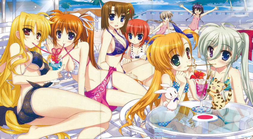 ;d alternate_color_school_swimsuit ass asteion bikini blush breasts cleavage clothes_writing corona_timir criss-cross_halter drinking drinking_straw einhart_stratos fate_testarossa food front-tie_top fujima_takuya halter_top halterneck heterochromia highres lyrical_nanoha mahou_shoujo_lyrical_nanoha_vivid medium_breasts multiple_girls official_art one_eye_closed open_mouth pocky pocky_kiss pool purple_sarong rio_wezley sacred_heart sarong school_swimsuit shared_drink shared_food shared_straw shiny shiny_skin side_ponytail sideboob small_breasts smile strap_gap swimsuit takamachi_nanoha thigh_gap underboob untied vita vivio wardrobe_malfunction yagami_hayate yuri