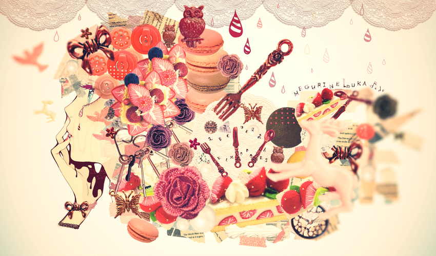 bad_id bad_pixiv_id bird blue_eyes bow bracelet buttons cake character_name flower food fork fruit hand_on_own_face heart highres jewelry key knife lips macaron megurine_luka mixed_media musical_note nail_polish profile rain solo souno_kazuki spoon star strawberry tears toy upper_body vocaloid