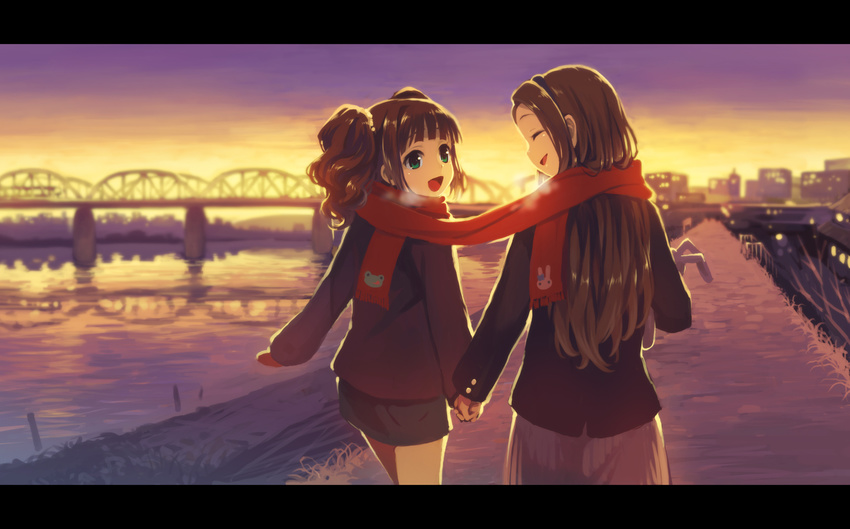 breath bridge brown_hair closed_eyes from_behind green_eyes holding_hands idolmaster idolmaster_(classic) letterboxed long_hair minase_iori multiple_girls open_mouth river scarf shared_scarf shirane_taito short_hair smile sunset takatsuki_yayoi twintails walking