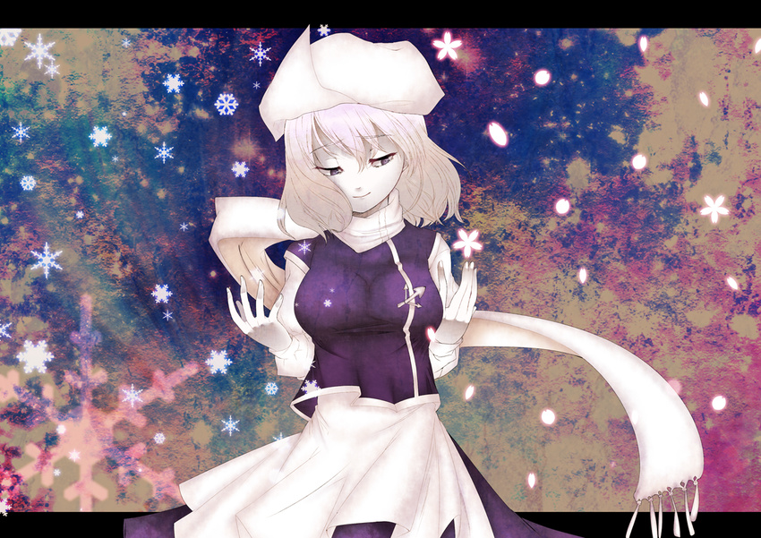 bad_id bad_pixiv_id hat jitome letterboxed letty_whiterock mkz pale_skin petals scarf short_hair snowflakes solo touhou white_hair white_scarf