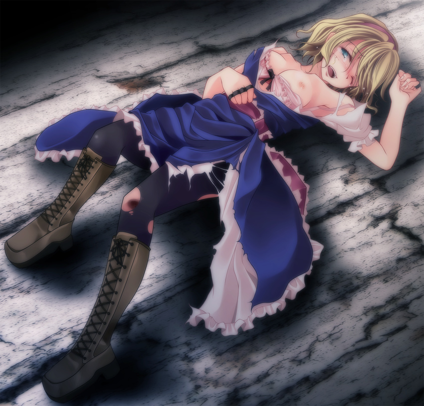 alice_margatroid areolae bad_id bad_pixiv_id black_legwear blonde_hair blood blue_eyes boots bra breasts capelet cross-laced_footwear highres injury jewelry lace-up_boots lingerie lying nipples on_back one_eye_closed pantyhose ring s-syogo sash short_hair small_breasts solo tears torn_clothes torn_legwear touhou underwear wince
