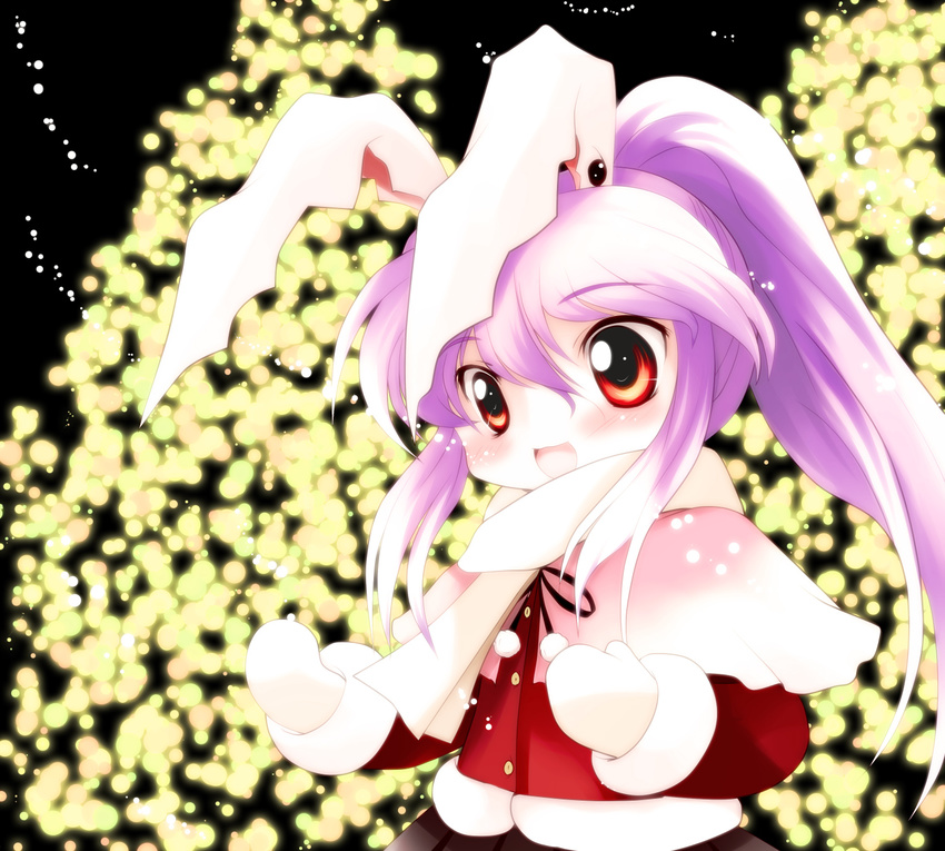 alternate_hairstyle animal_ears bunny_ears chibi christmas highres long_hair mittens ponytail purple_hair red_eyes reisen_udongein_inaba scarf snow solo touhou yume_shokunin