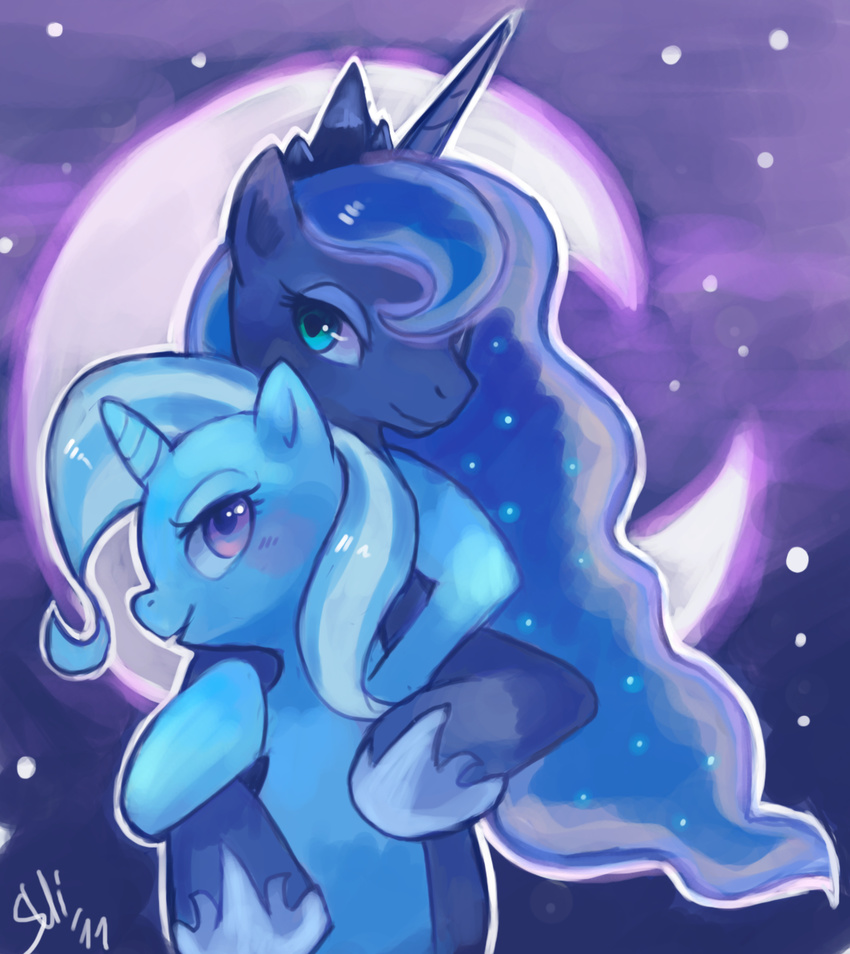 alicorn blush crown equine female feral friendship_is_magic horn hug mammal my_little_pony princess_luna_(mlp) purple_eyes suikuzu suirobo trixie_(mlp) unicorn winged_unicorn wings