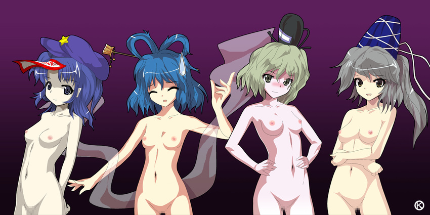 ^_^ alphes_(style) arms_behind_back blue_eyes blue_hair blush breasts censored closed_eyes cross green_eyes green_hair grey_hair hair_ornament hair_rings hair_stick hands_on_hips hat jiangshi kaku_seiga kaoru_(gensou_yuugen-an) long_hair miyako_yoshika mononobe_no_futo multiple_girls nipples nude ofuda pale_skin parody ponytail shawl short_hair small_breasts soga_no_tojiko star style_parody sweatdrop tate_eboshi touhou yellow_eyes