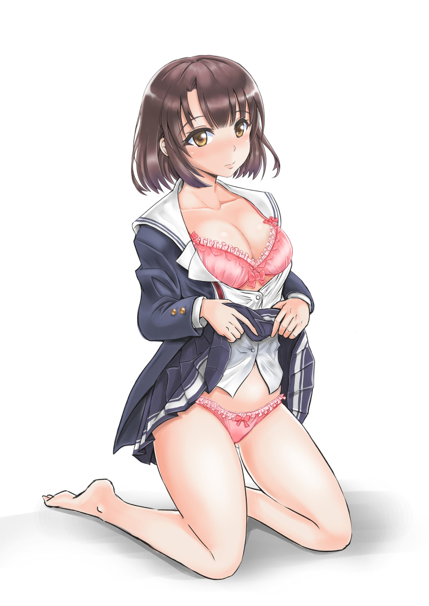 1girl absurdres bangs barefoot blue_jacket blue_skirt bow bow_bra bow_panties bra breasts brown_eyes brown_hair cleavage closed_mouth collarbone commentary double_horizontal_stripe eyebrows_visible_through_hair frilled_bra frilled_panties frills full_body gluteal_fold highres jacket katou_megumi kneeling legs lifted_by_self light_frown lips long_sleeves looking_at_viewer medium_breasts miniskirt neck_ribbon obvious_statement open_clothes open_jacket open_shirt panties pink_bra pink_panties pleated_skirt print_skirt ribbon saenai_heroine_no_sodatekata school_uniform serafuku shadow shinshuku_saegi shirt short_hair simple_background skirt skirt_lift solo underwear white_background white_shirt