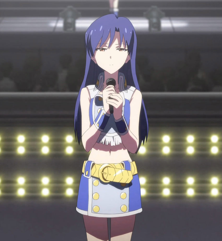 audience belt blue_hair brown_eyes female highres idolmaster kisaragi_chihaya microphone performance skirt solo stage standing the_idolm@ster