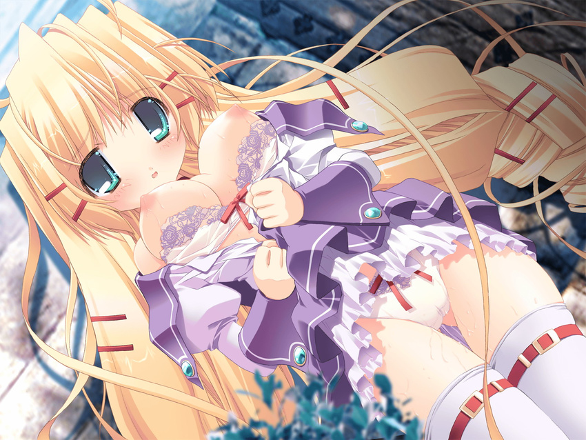 1girl blonde_hair bra braid breasts game_cg green_eyes hair_ornament hairclip highres lingerie long_hair nipples oono_tetsuya outdoors panties priecia prism_ark solo thighhighs underwear very_long_hair