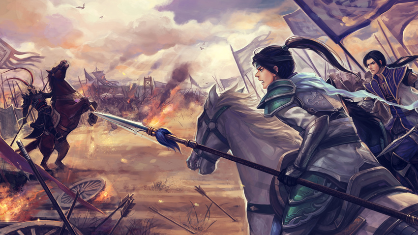 armor arrow battle bird black_hair cao_pi cloud coralliu fire flag gauntlets headband highres horse horseback_riding lu_bu male_focus multiple_boys pauldrons planted_arrow polearm ponytail red_hare riding scarf shin_sangoku_musou sky smoke spear sword war weapon wheel zhao_yun