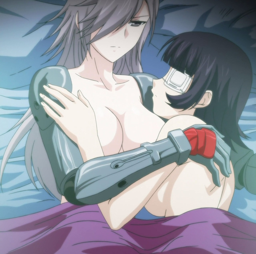 2girls black_hair breasts eyepatch highres laying_down long_hair lying maji_de_watashi_ni_koi_shinasai! mimori_saki multiple_girls screencap stitched subtext tachibana_takae yuri