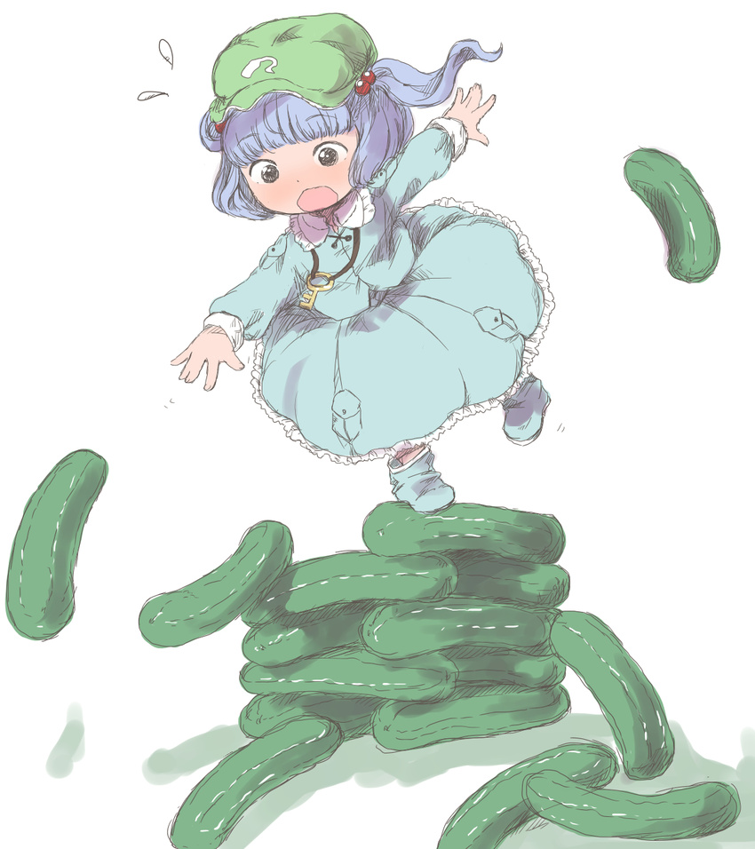 bad_id bad_pixiv_id black_hair blue_eyes blush cucumber falling hair_bobbles hair_ornament hat highres hozumiare jewelry kawashiro_nitori key minigirl necklace open_mouth outstretched_arms pendant shirt skirt skirt_set solo stacking touhou two_side_up wavy_mouth