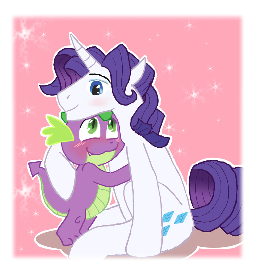 =3 blue_eyes blush couple crossgender cub cutie_mark dragon duo elusive_(mlp) equine feral friendship_is_magic gay green_eyes hair horn horse hug long_hair lupinrager male mammal my_little_pony pony purple_body purple_hair rarity_(mlp) scalie short_hair spike_(mlp) unicorn white_body young