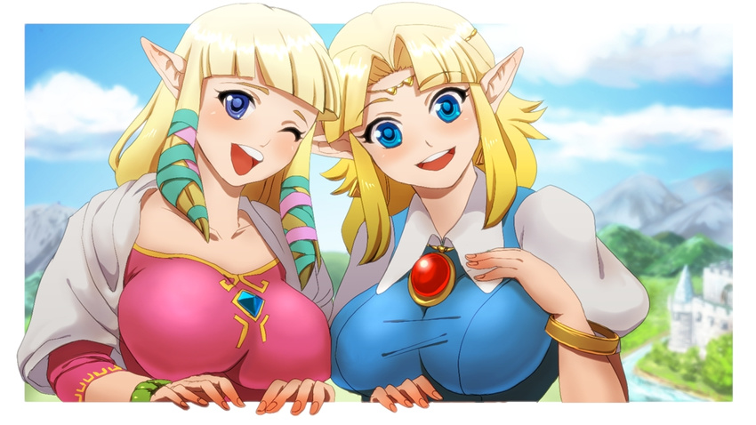 blonde_hair blue_eyes blush bracelet breasts castle chichi_band dual_persona hair_tie jewelry large_breasts long_hair medallion multiple_girls one_eye_closed open_mouth pointy_ears princess_zelda shirt smile taut_clothes taut_shirt the_legend_of_zelda the_legend_of_zelda:_a_link_to_the_past the_legend_of_zelda:_skyward_sword