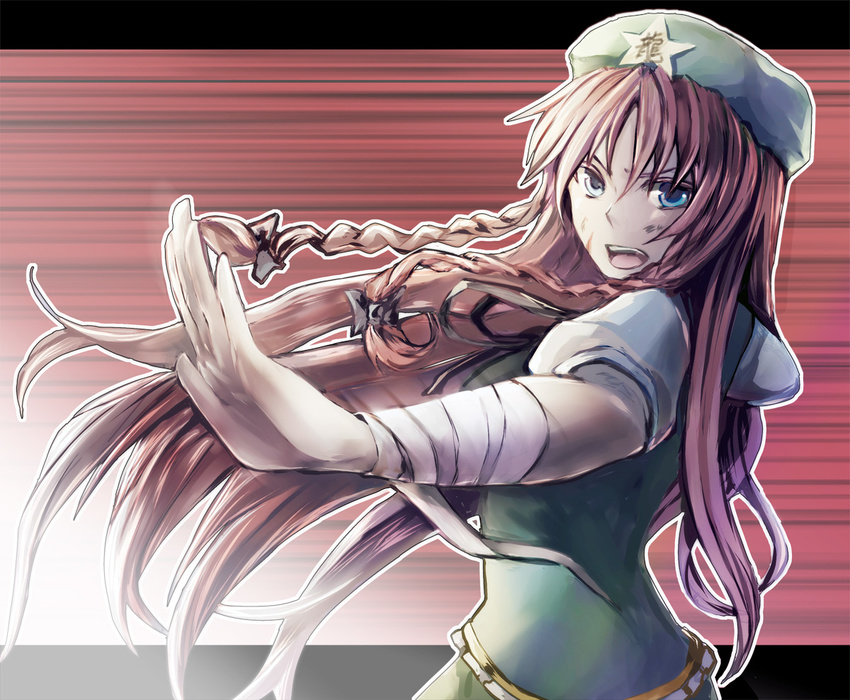 bad_id bad_pixiv_id blue_eyes braid fighting_stance hair_ribbon hat hong_meiling letterboxed long_hair mitsu open_mouth red_hair ribbon shirt skirt solo star touhou twin_braids