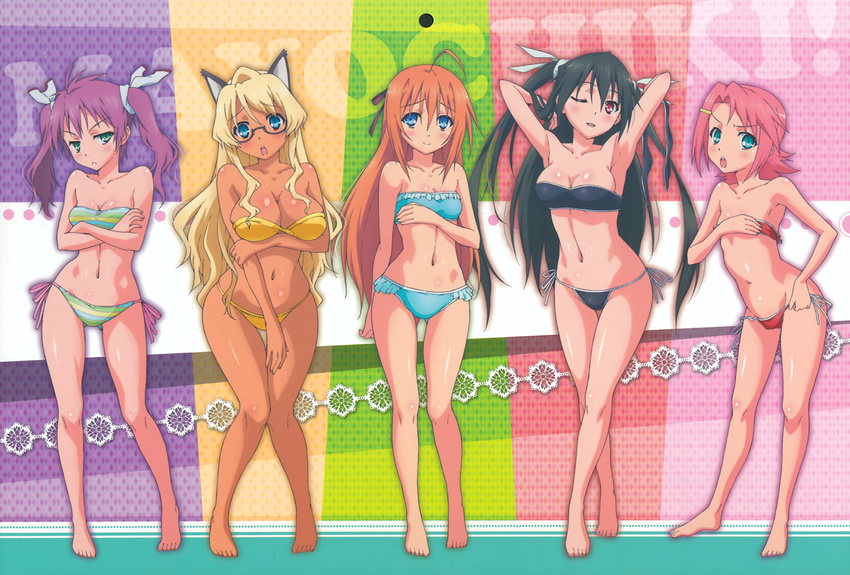 :o ahoge armpits bandeau barefoot bikini black_hair blonde_hair blue_eyes blush breasts cleavage crossed_legs dark_skin flat_chest ganguro glasses green_eyes highres kawamura_kousuke konoe_subaru large_breasts legs long_hair long_legs mayo_chiki! midriff multicolored multicolored_stripes multiple_girls narumi_nakuru navel one_eye_closed open_mouth orange_hair pink_hair purple_hair red_eyes sakamachi_kureha shiny shiny_skin side-tie_bikini smile source_request standing striped striped_bikini striped_swimsuit suzutsuki_kanade swimsuit thigh_gap twintails two_side_up usami_masamune very_long_hair watson_cross