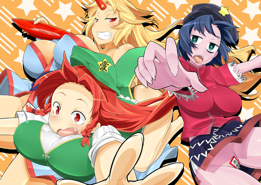 beret blonde_hair blue_hair breasts cleavage cup fang green_eyes grin hat hong_meiling horn hoshiguma_yuugi huge_breasts large_breasts long_hair maebari miyako_yoshika multiple_girls no_panties ofuda open_mouth outstretched_arms red_eyes red_hair sakazuki sharp_teeth short_hair smile stage_connection star teeth tongue tongue_out toudori touhou zombie_pose