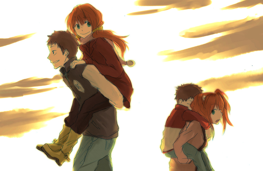 1girl age_progression boots brother_and_sister brown_hair carrying green_eyes hair_ornament idolmaster idolmaster_(classic) jacket kyouno long_hair older orange_hair piggyback scarf short_hair siblings smile takatsuki_chousuke takatsuki_yayoi twintails