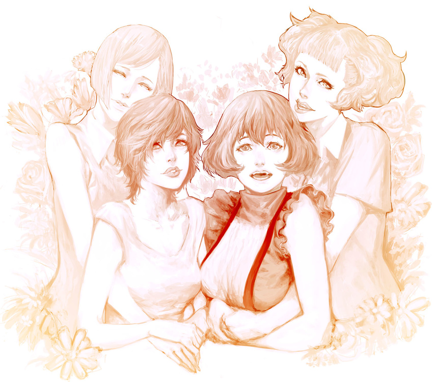 bangs blunt_bangs claire_forrest flower highres hug hug_from_behind ikeda_masateru kate_ashley lips monochrome multiple_girls open_mouth rachel_benning red_garden rose_sheedy short_hair short_sleeves sketch smile swept_bangs