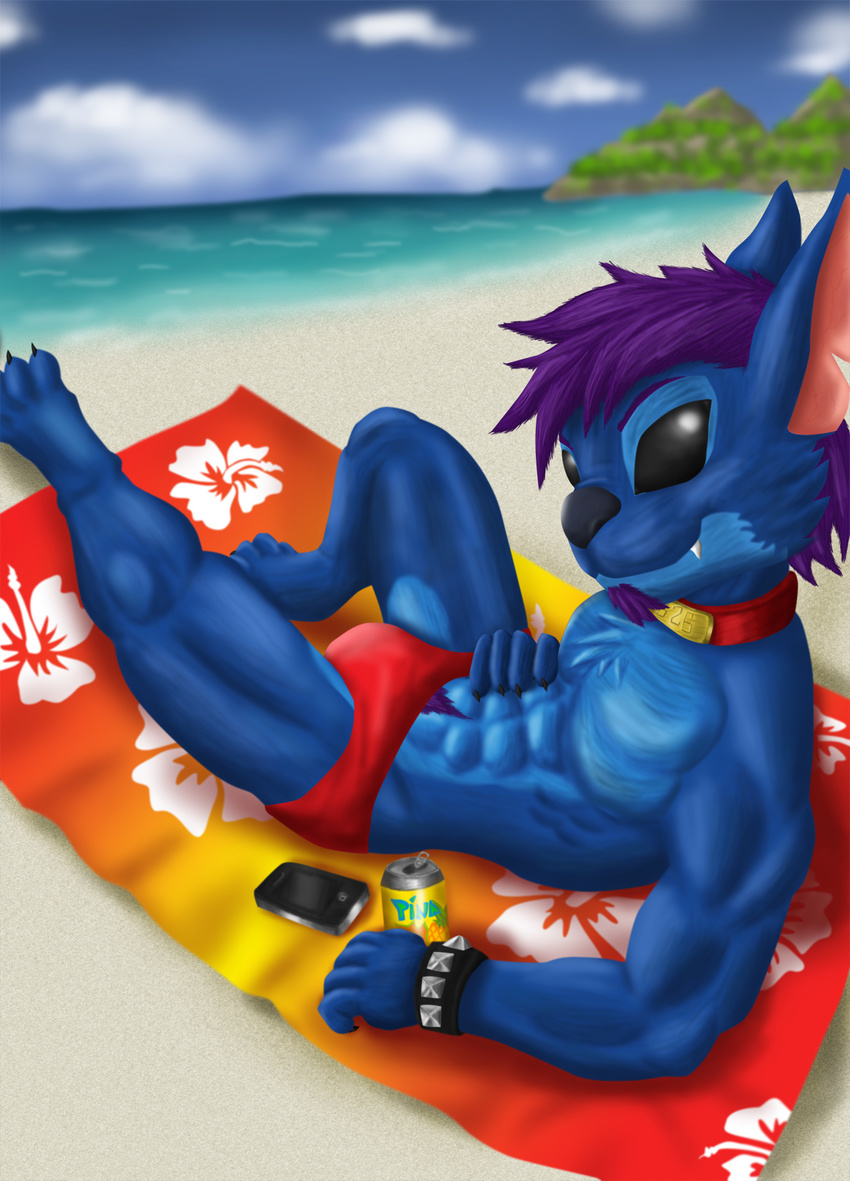 alien beach black_eyes black_sclera blue blue_fur bulge cellphone chest_tuft cloud collar flameydragwasp fur hair iphone lilo_and_stitch looking_at_viewer lying male notched_ear on_back outside phone purple_hair sea seaside sky solo speedo stitch swimsuit tuft underwear water