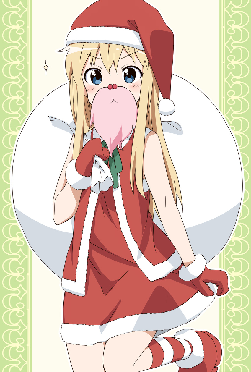 absurdres bad_id bad_pixiv_id bag beard blonde_hair blue_eyes facial_hair fake_facial_hair gloves hat highres leg_up long_hair mousou_(mousou_temporary) red_gloves santa_costume santa_hat shoes solo striped striped_legwear toshinou_kyouko yuru_yuri