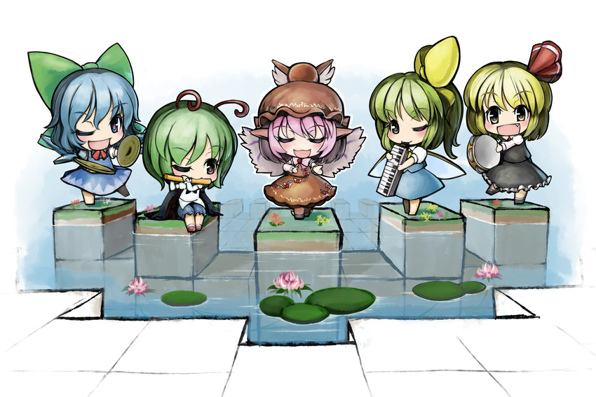 antennae blonde_hair blue_eyes blue_hair blush bow cape chibi cirno closed_eyes cymbals daiyousei dress fang flower flute green_eyes green_hair hair_bow hat highres instrument keyboard_(instrument) lily_pad melodica multiple_girls mystia_lorelei one_eye_closed open_mouth pink_hair rumia team_9 touhou umigarasu_(kitsune1963) water wings wriggle_nightbug yellow_eyes