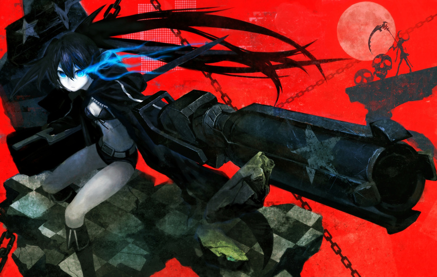 arm_cannon bikini_top black_hair black_rock_shooter black_rock_shooter_(character) blue_eyes boots burning_eye coat dead_master glowing highres long_hair midriff navel pale_skin red_background scar shorts silhouette skull solo sword tomono_rui twintails very_long_hair weapon