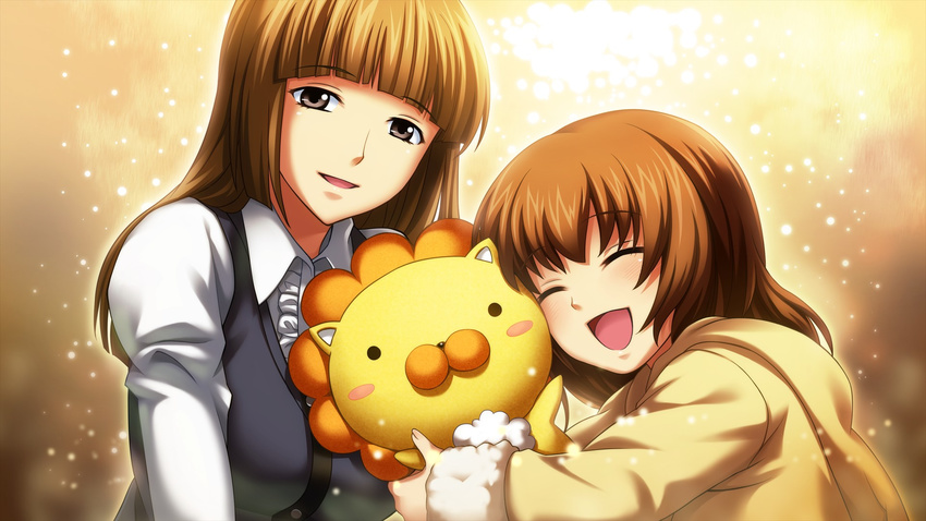 2girls brown_hair doll game_cg jpeg_artifacts long_hair sakutaro short_hair umineko_no_naku_koro_ni ushiromiya_maria ushiromiya_rosa yellow